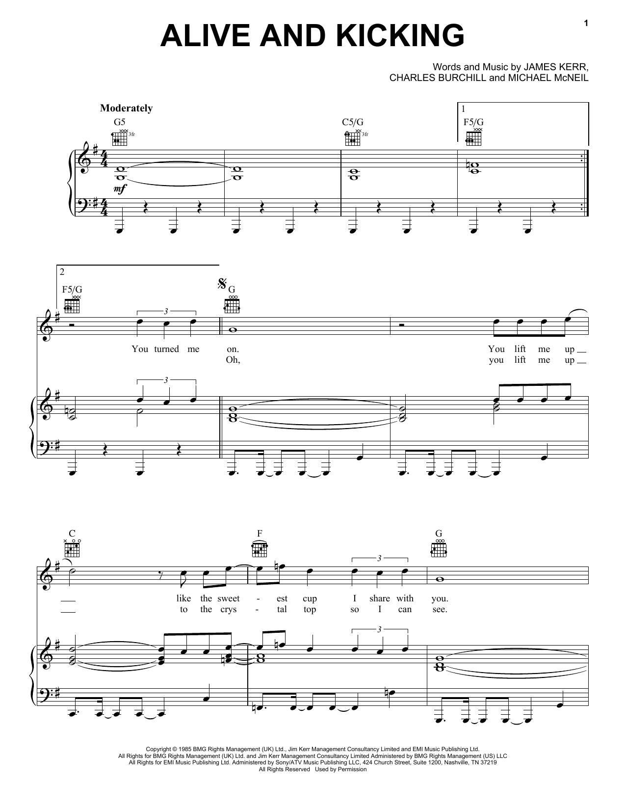 Simple Minds Alive And Kicking sheet music notes and chords arranged for Piano, Vocal & Guitar Chords (Right-Hand Melody)