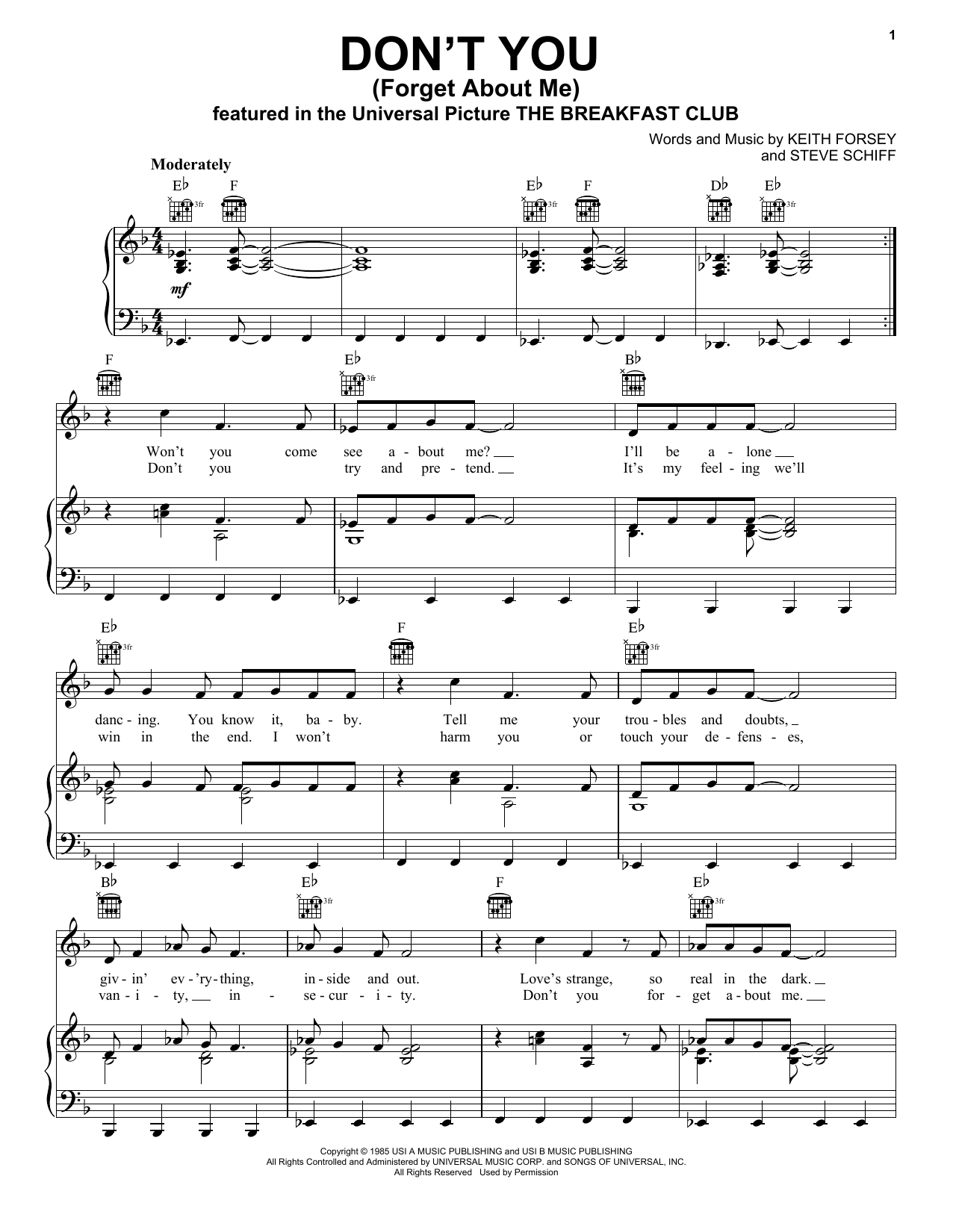 Simple Minds Don't You (Forget About Me) sheet music notes and chords arranged for Super Easy Piano