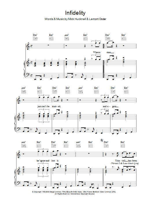 Simply Red Infidelity sheet music notes and chords arranged for Piano, Vocal & Guitar Chords