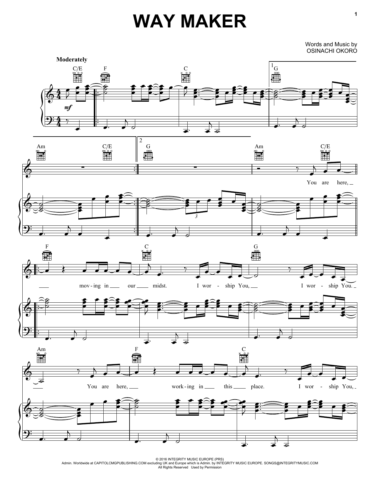 Sinach Way Maker sheet music notes and chords arranged for Easy Piano