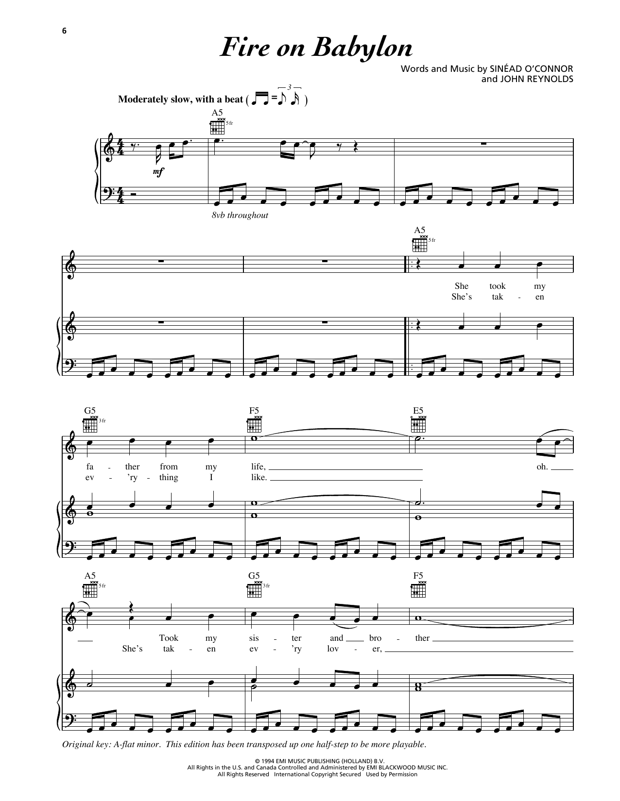 Sinead O'Connor Fire On Babylon sheet music notes and chords arranged for Piano, Vocal & Guitar Chords (Right-Hand Melody)