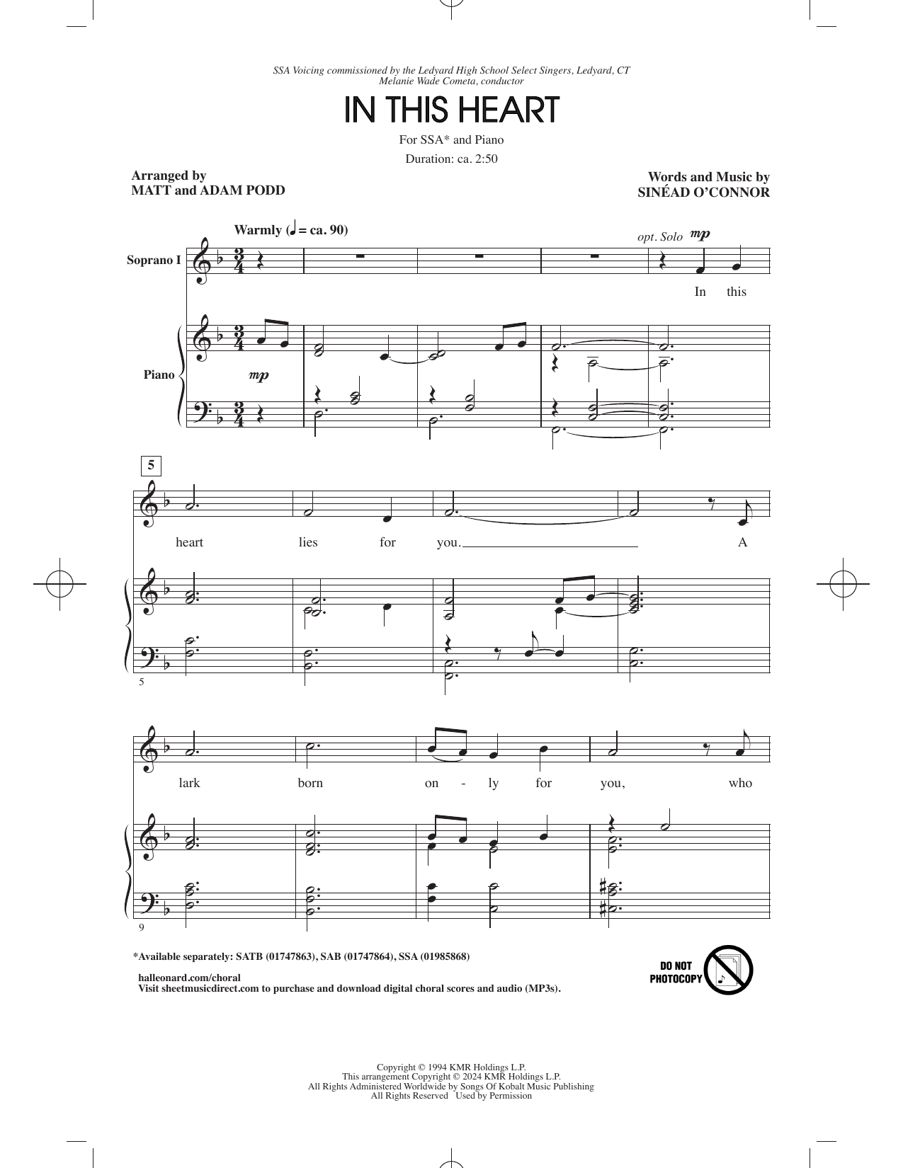 Sinéad O'Connor In This Heart (arr. Matt & Adam Podd) sheet music notes and chords arranged for SSA Choir