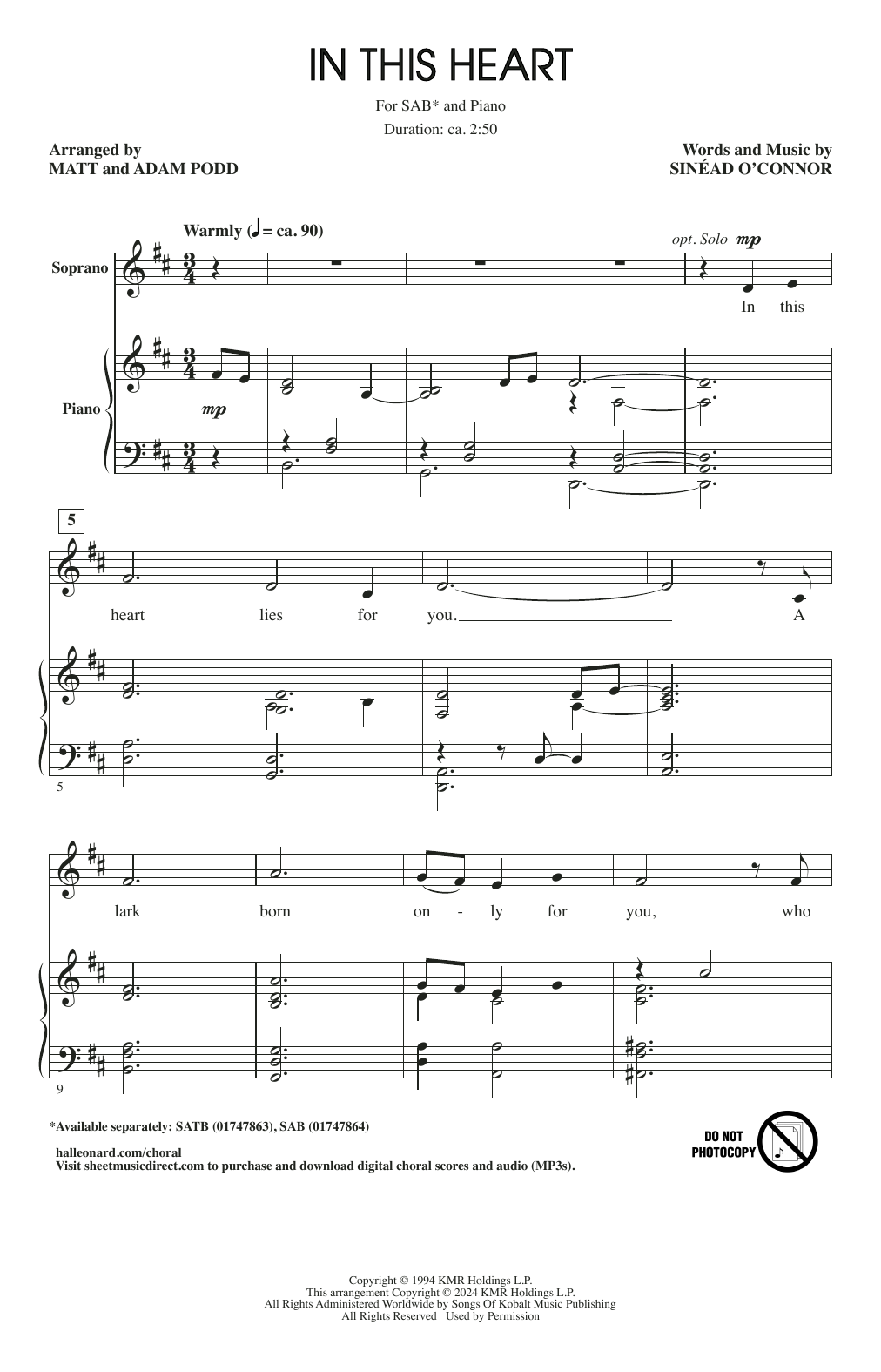 Sinéad O'Connor In This Heart (arr. Matt and Adam Podd) sheet music notes and chords arranged for SAB Choir