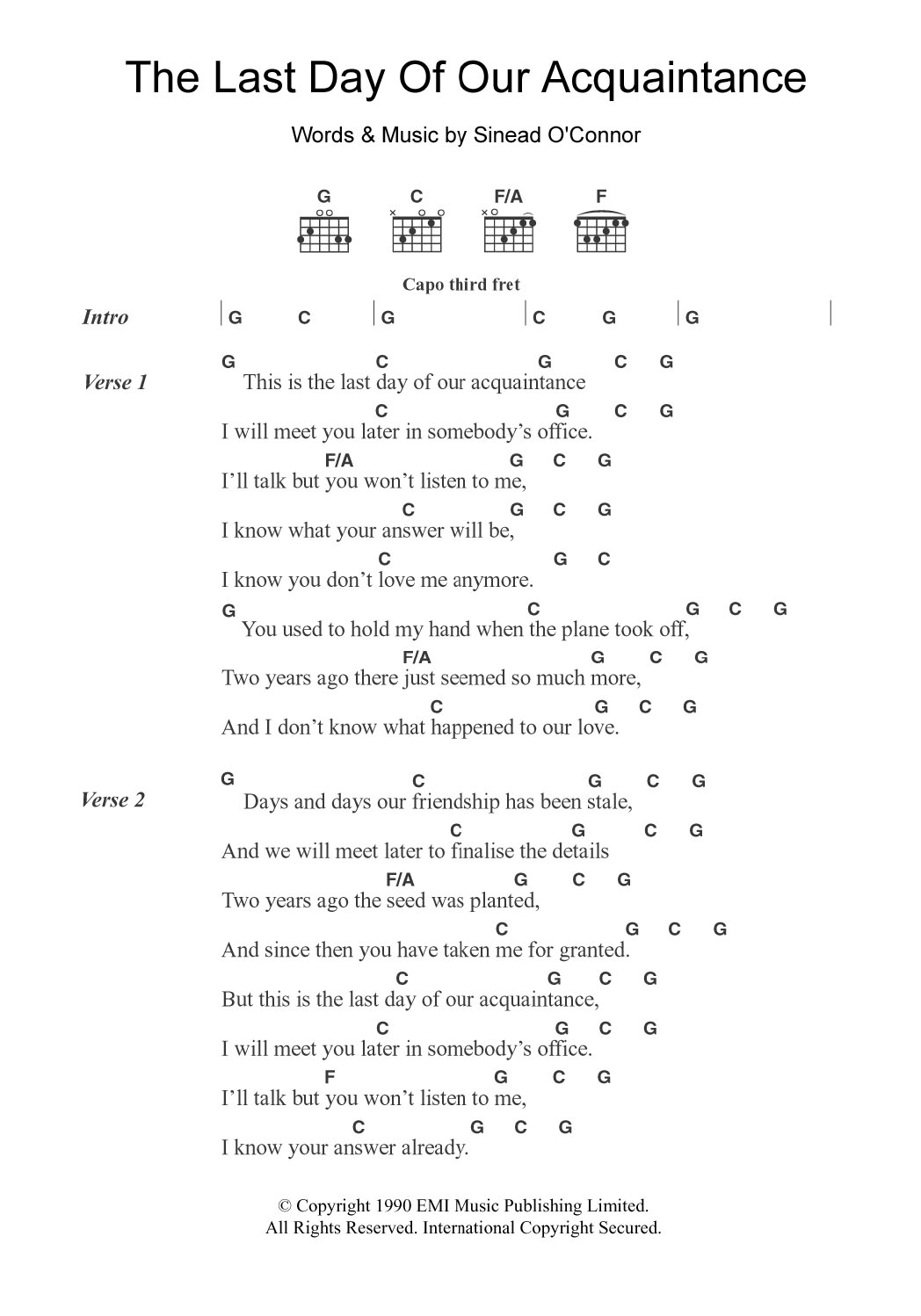 Sinead O'Connor The Last Day Of Our Acquaintance sheet music notes and chords arranged for Guitar Chords/Lyrics