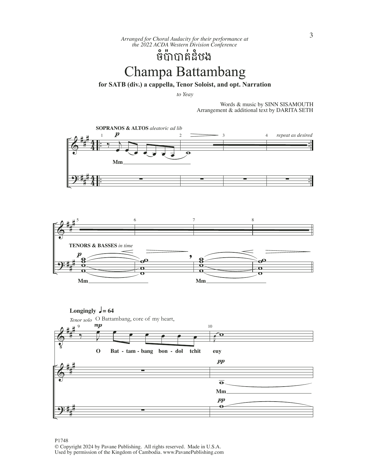 Sinn Sisamouth Champa Battambang (arr. Darita Seth) sheet music notes and chords arranged for SATB Choir