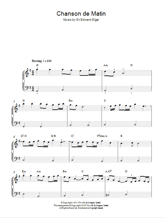 Edward Elgar Chanson De Matin Opus 15, No. 2 sheet music notes and chords arranged for Easy Piano