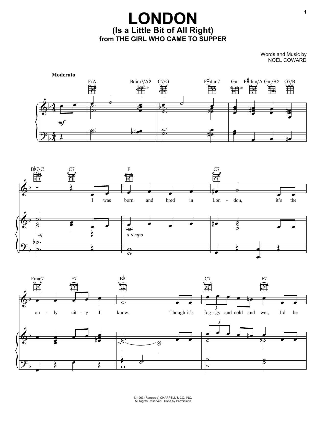 Noel Coward London (Is A Little Bit Of All Right) sheet music notes and chords arranged for Piano, Vocal & Guitar Chords (Right-Hand Melody)