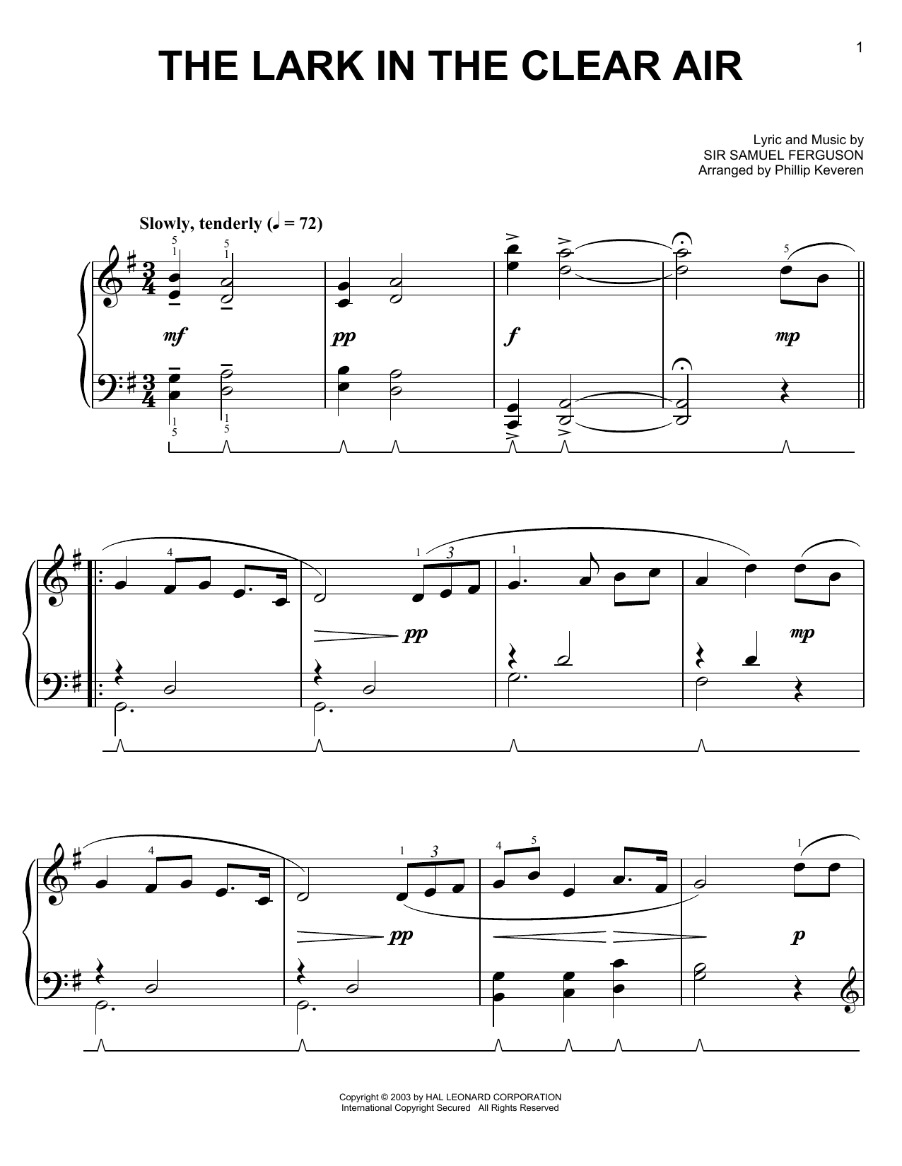 Sir Samuel Ferguson The Lark In The Clear Air (arr. Phillip Keveren) sheet music notes and chords arranged for Easy Piano