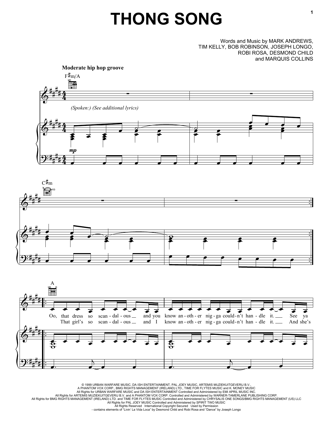 Sisqo Thong Song sheet music notes and chords arranged for Piano, Vocal & Guitar Chords (Right-Hand Melody)