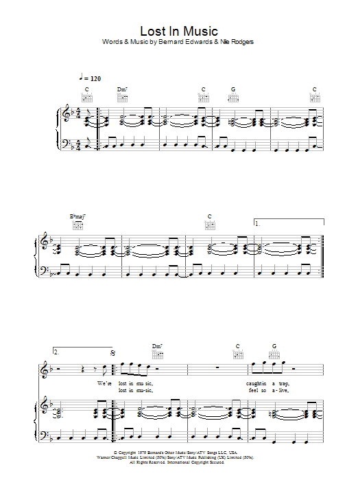 Sister Sledge Lost In Music sheet music notes and chords arranged for Piano, Vocal & Guitar Chords