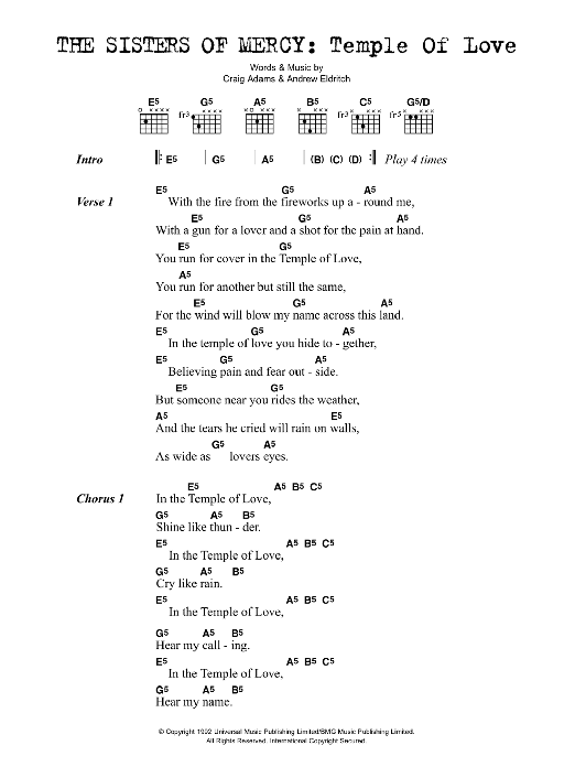 The Sisters Of Mercy Temple Of Love sheet music notes and chords arranged for Guitar Chords/Lyrics