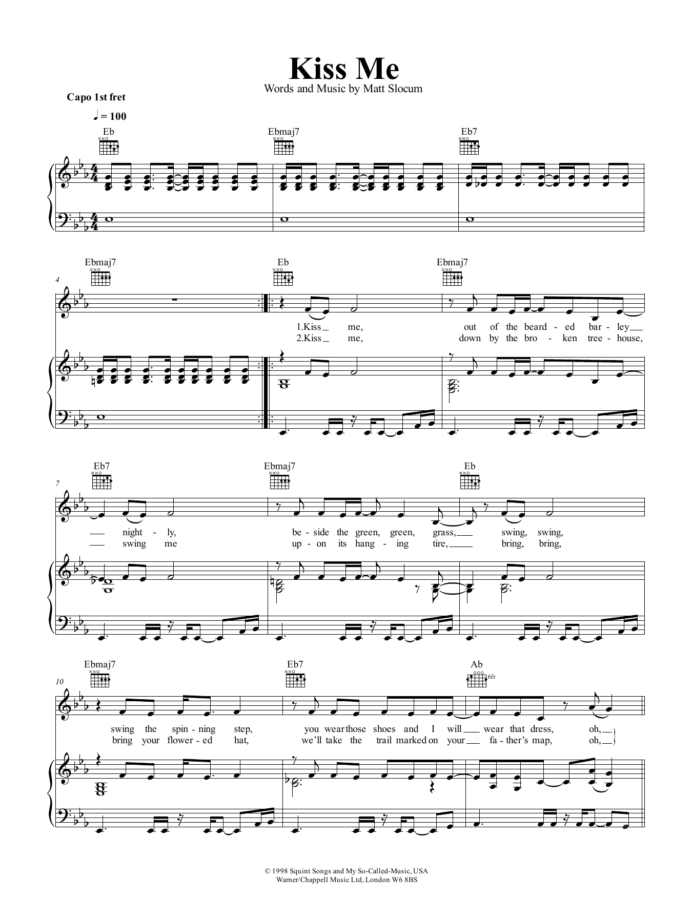 Sixpence None The Richer Kiss Me sheet music notes and chords arranged for Piano, Vocal & Guitar Chords (Right-Hand Melody)