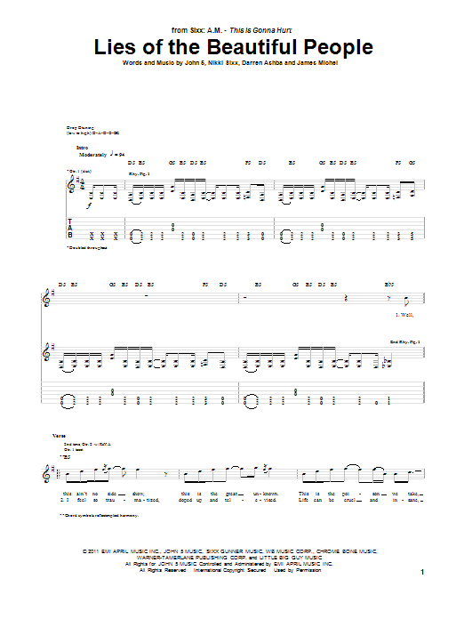 Sixx A.M. Lies Of The Beautiful People sheet music notes and chords arranged for Guitar Tab