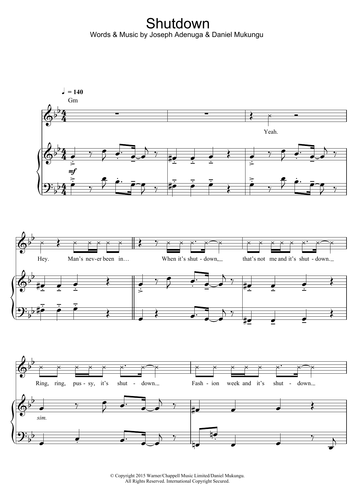 Skepta Shutdown sheet music notes and chords arranged for Piano, Vocal & Guitar Chords