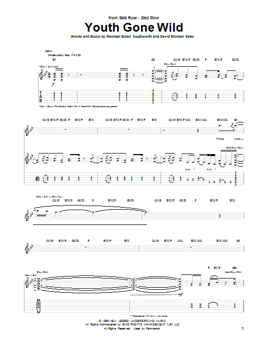 Skid Row Youth Gone Wild sheet music notes and chords arranged for Guitar Tab