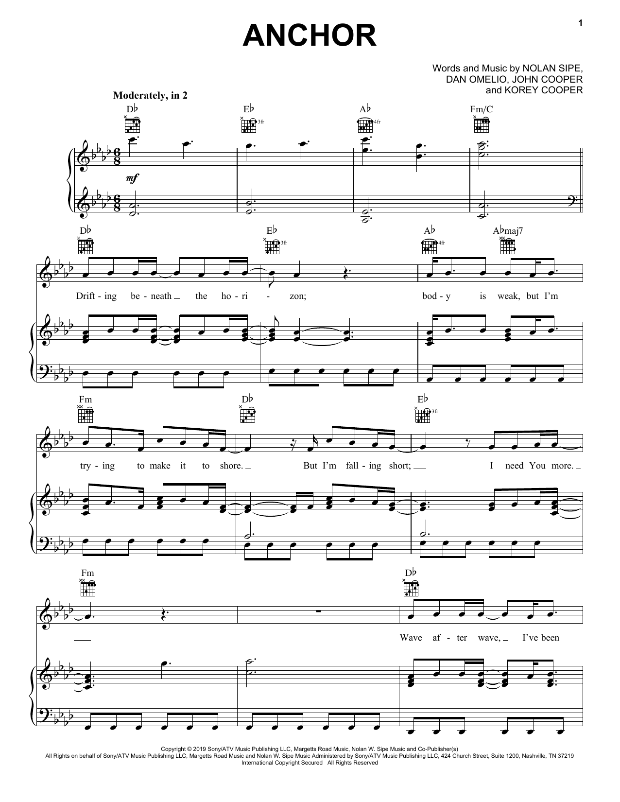 Skillet Anchor sheet music notes and chords arranged for Piano, Vocal & Guitar Chords (Right-Hand Melody)
