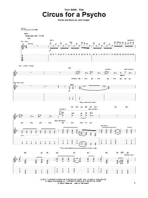 Skillet Circus For A Psycho sheet music notes and chords arranged for Guitar Tab