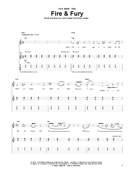 Skillet Fire & Fury sheet music notes and chords arranged for Guitar Tab