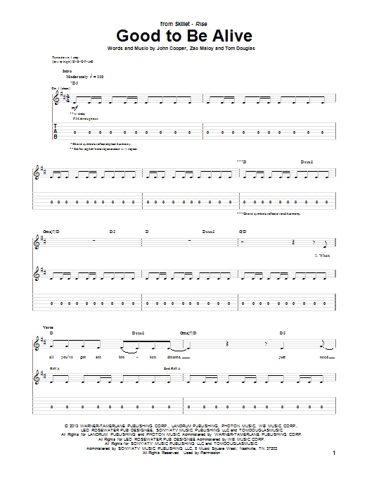 Skillet Good To Be Alive sheet music notes and chords arranged for Guitar Tab