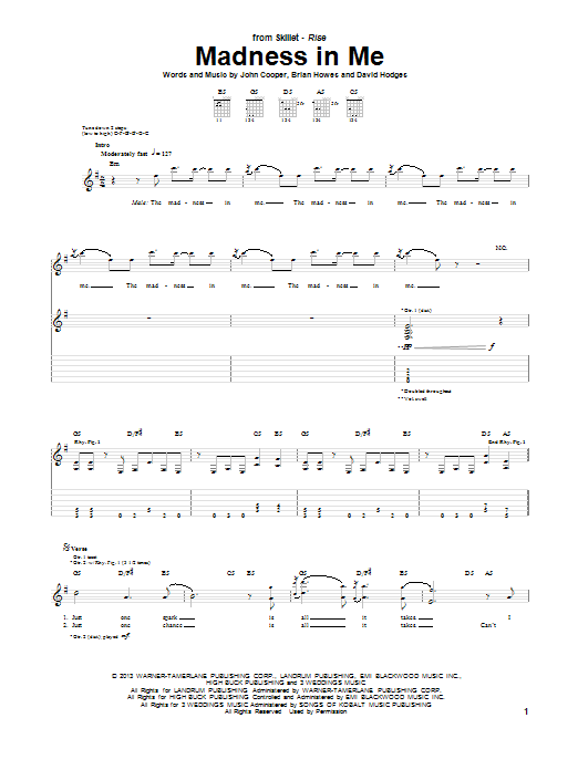 Skillet Madness In Me sheet music notes and chords arranged for Guitar Tab
