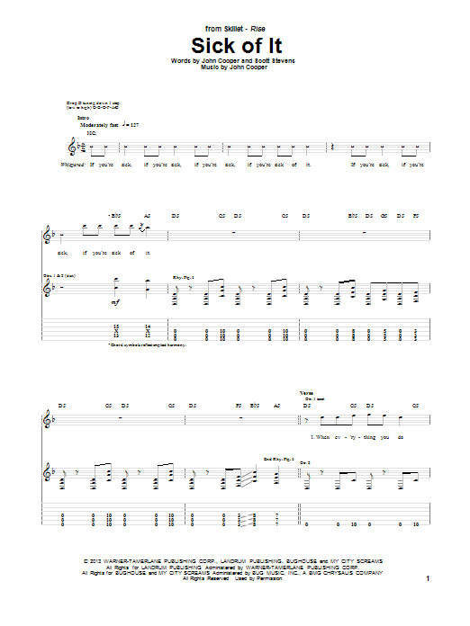 Skillet Sick Of It sheet music notes and chords arranged for Guitar Tab
