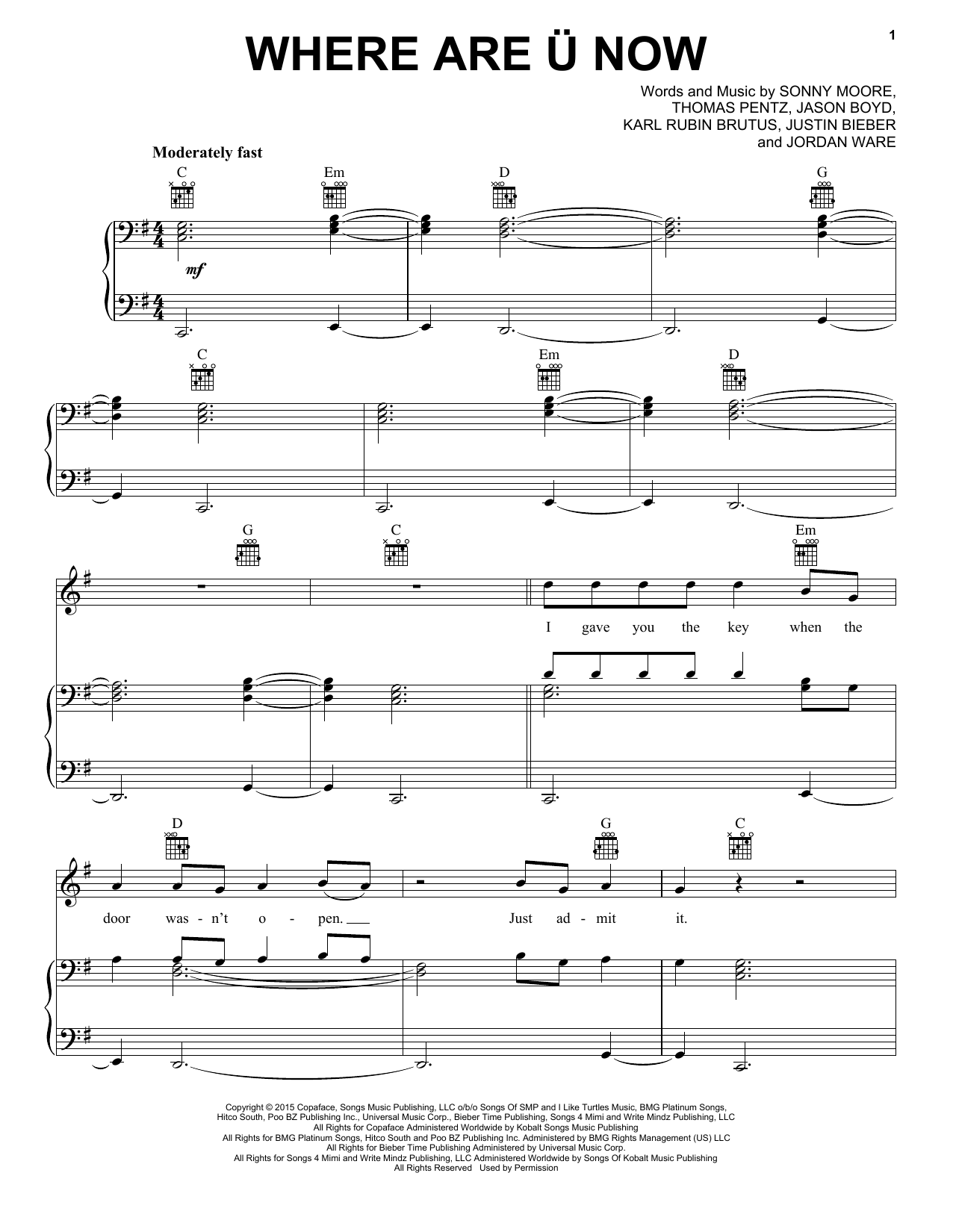 Skrillex & Diplo With Justin Bieber Where Are U Now sheet music notes and chords arranged for Piano, Vocal & Guitar Chords (Right-Hand Melody)