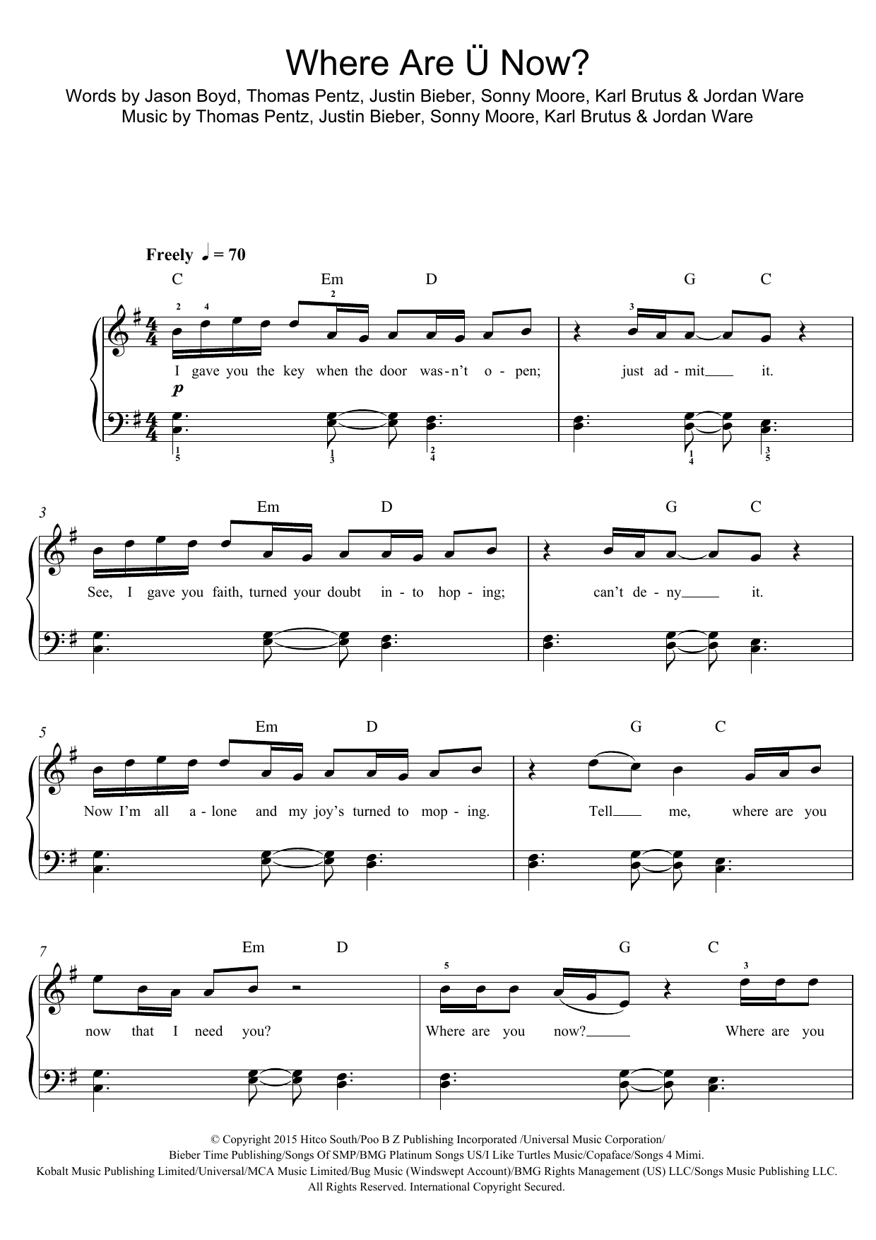 Skrillex Where Are U Now (featuring Justin Bieber) sheet music notes and chords arranged for Piano, Vocal & Guitar Chords