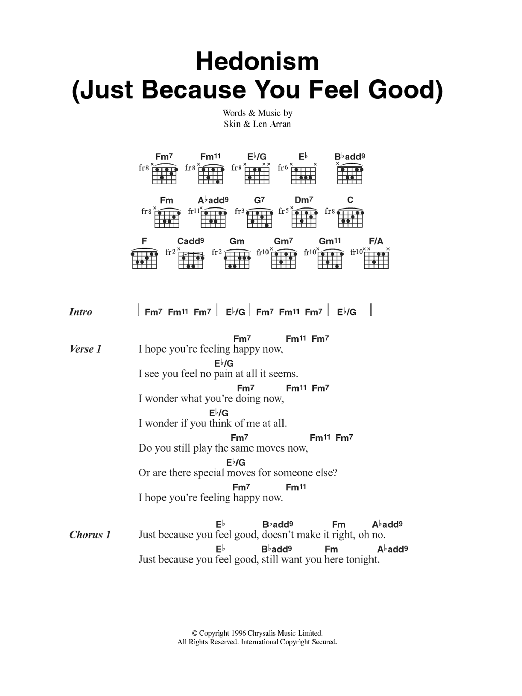 Skunk Anansie Hedonism (Just Because You Feel Good) sheet music notes and chords arranged for Guitar Chords/Lyrics
