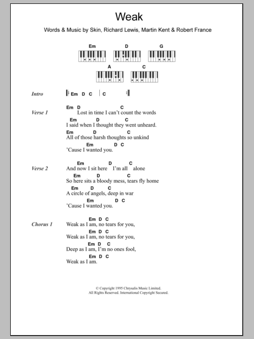 Skunk Anansie Weak sheet music notes and chords arranged for Piano Chords/Lyrics