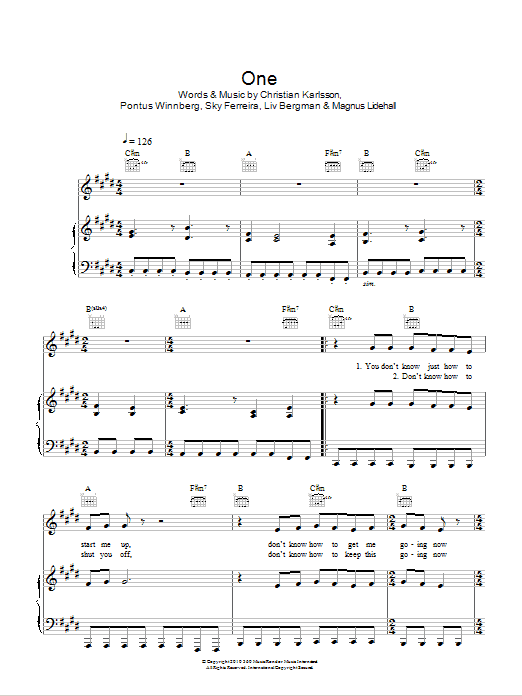 Sky Ferreira One sheet music notes and chords arranged for Piano, Vocal & Guitar Chords