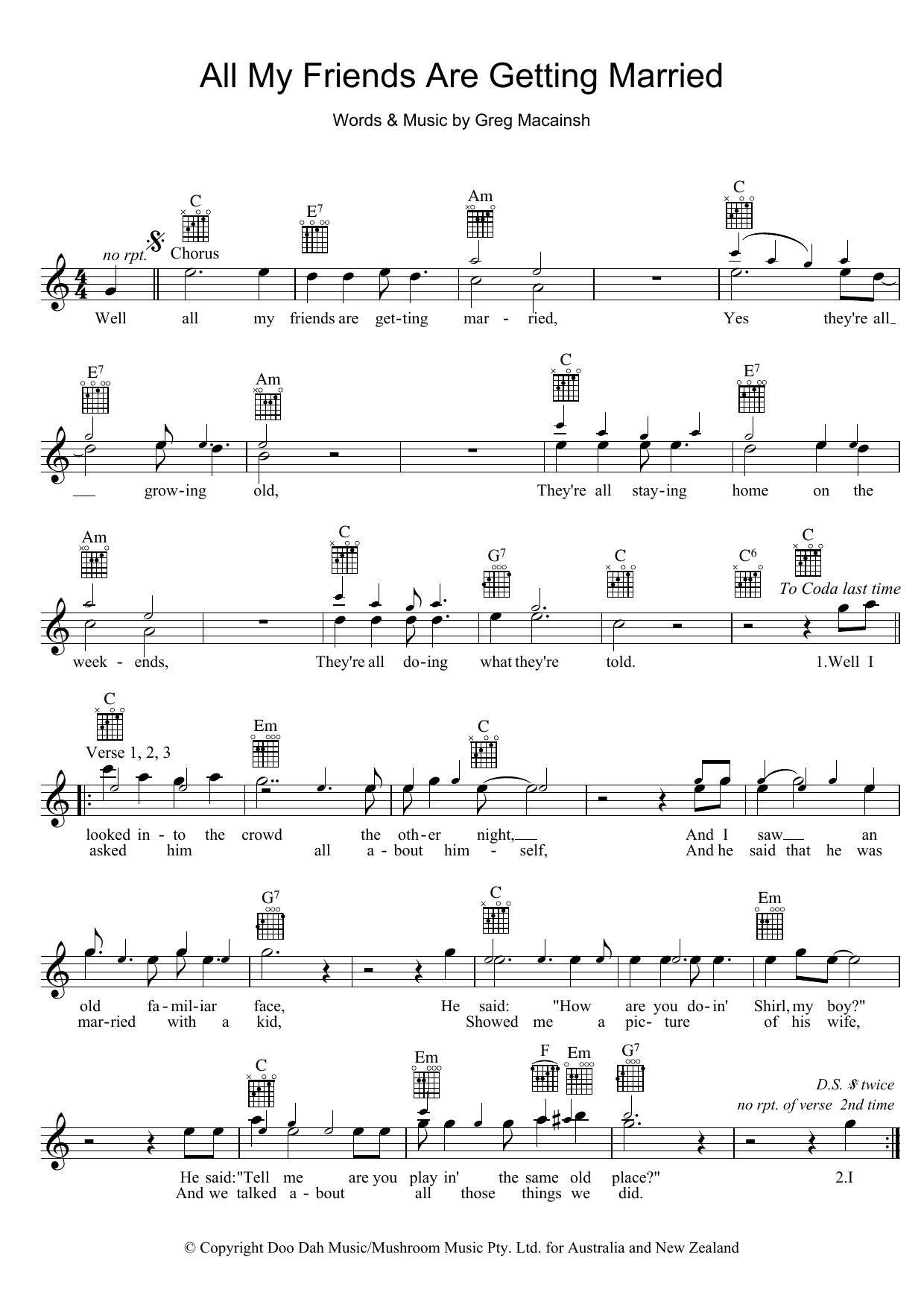 Skyhooks All My Friends Are Getting Married sheet music notes and chords arranged for Piano, Vocal & Guitar Chords (Right-Hand Melody)