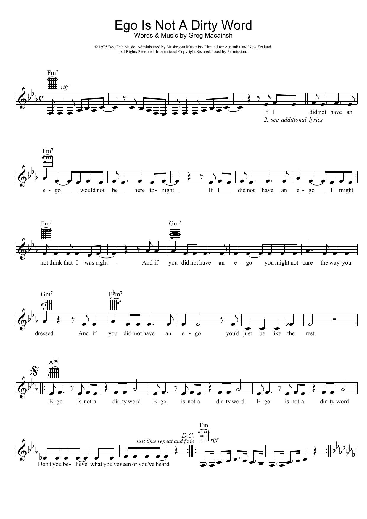 Skyhooks Ego Is Not A Dirty Word sheet music notes and chords arranged for Lead Sheet / Fake Book
