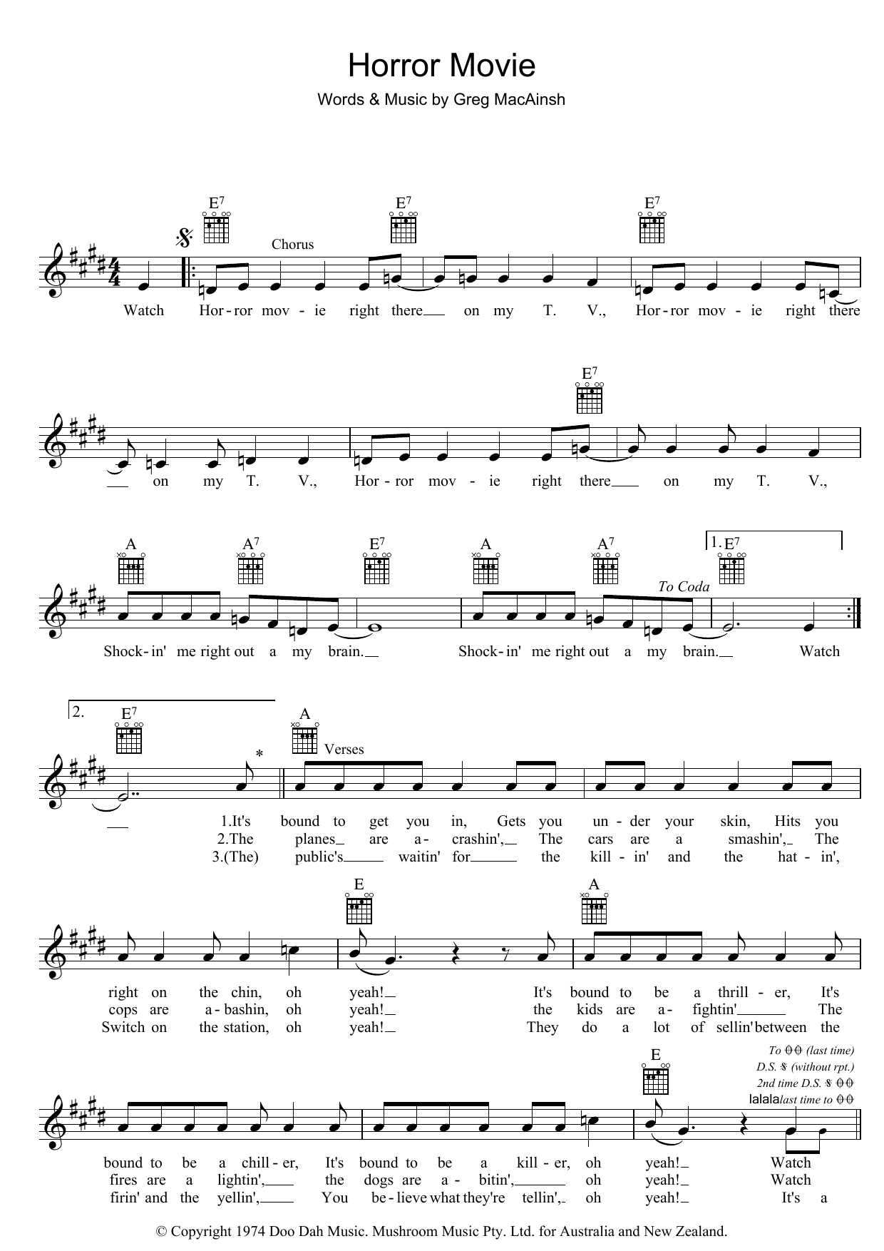 Skyhooks Horror Movie sheet music notes and chords arranged for Piano, Vocal & Guitar Chords (Right-Hand Melody)