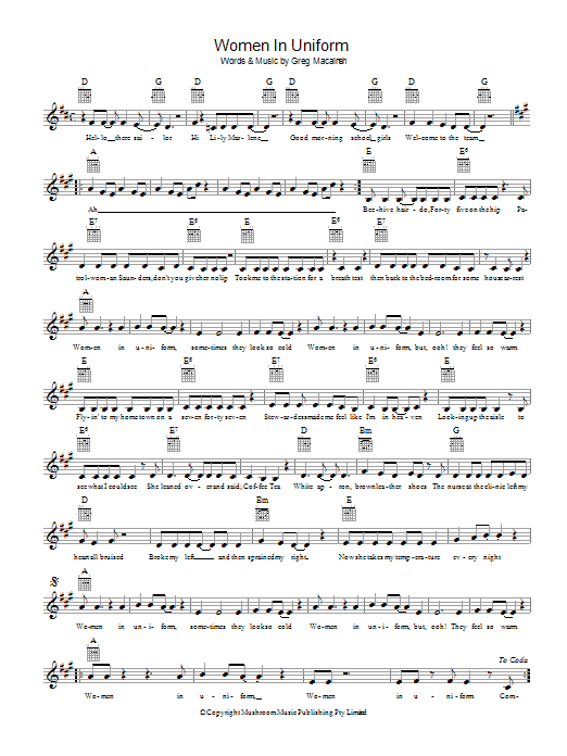 Skyhooks Women In Uniform sheet music notes and chords arranged for Lead Sheet / Fake Book