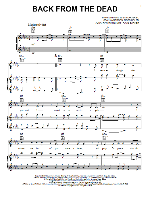 Skylar Grey Back From The Dead sheet music notes and chords arranged for Piano, Vocal & Guitar Chords (Right-Hand Melody)