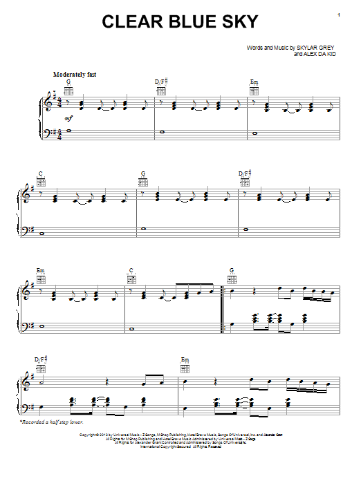 Skylar Grey Clear Blue Sky sheet music notes and chords arranged for Piano, Vocal & Guitar Chords (Right-Hand Melody)