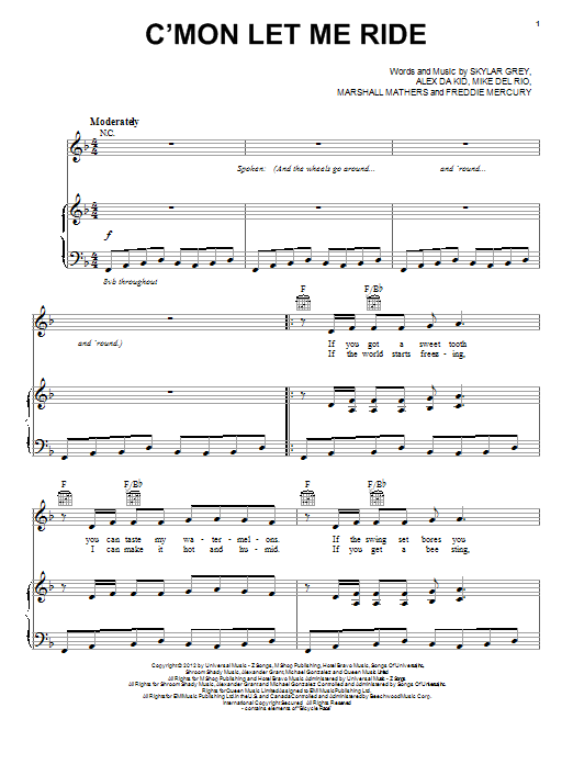 Skylar Grey C'mon Let Me Ride sheet music notes and chords arranged for Piano, Vocal & Guitar Chords (Right-Hand Melody)