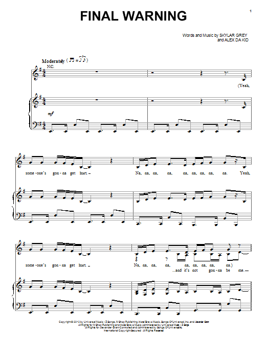 Skylar Grey Final Warning sheet music notes and chords arranged for Piano, Vocal & Guitar Chords (Right-Hand Melody)