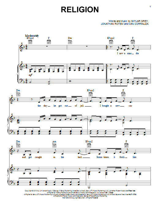 Skylar Grey Religion sheet music notes and chords arranged for Piano, Vocal & Guitar Chords (Right-Hand Melody)