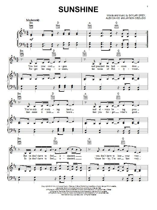 Skylar Grey Sunshine sheet music notes and chords arranged for Piano, Vocal & Guitar Chords (Right-Hand Melody)