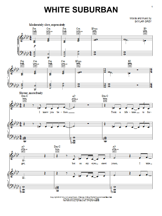 Skylar Grey White Suburban sheet music notes and chords arranged for Piano, Vocal & Guitar Chords (Right-Hand Melody)