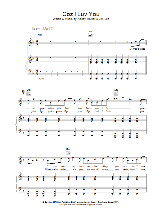 Slade Coz I Luv You sheet music notes and chords arranged for Piano, Vocal & Guitar Chords