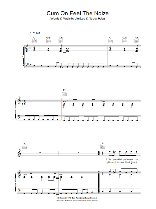 Slade Cum On Feel The Noize sheet music notes and chords arranged for Piano, Vocal & Guitar Chords