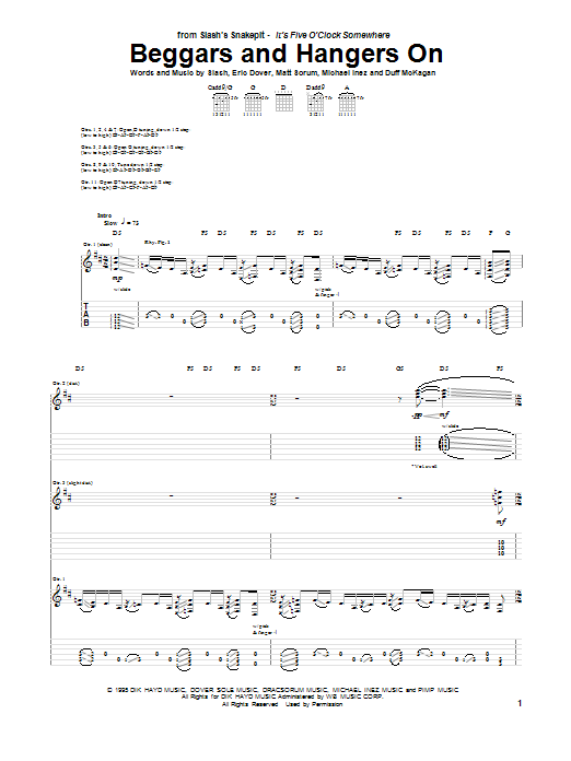 Slash's Snakepit Beggars And Hangers On sheet music notes and chords arranged for Guitar Tab