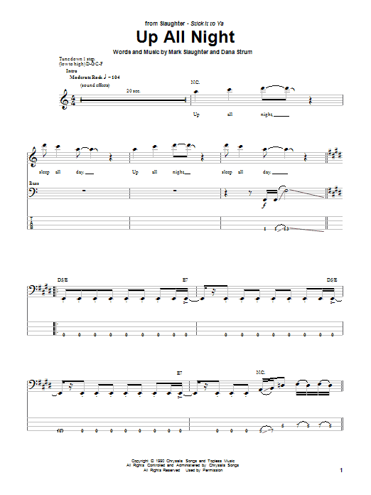 Slaughter Up All Night sheet music notes and chords arranged for Bass Guitar Tab