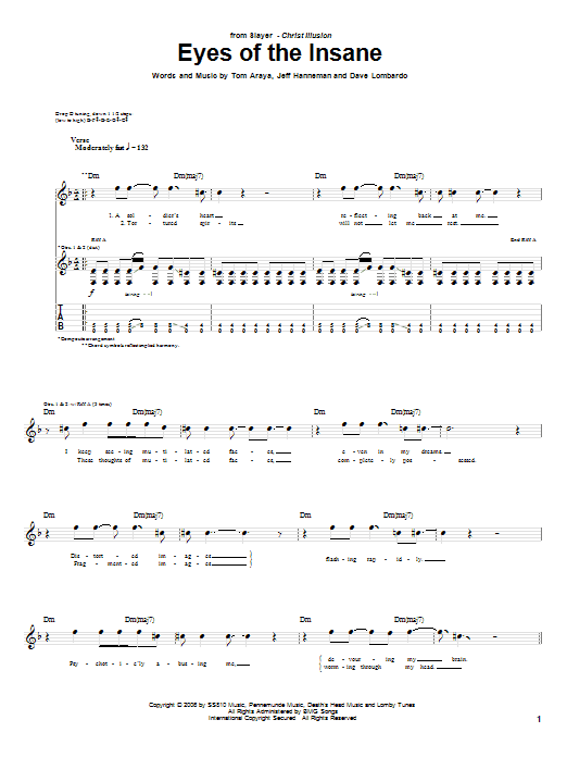 Slayer Eyes Of The Insane sheet music notes and chords arranged for Guitar Tab