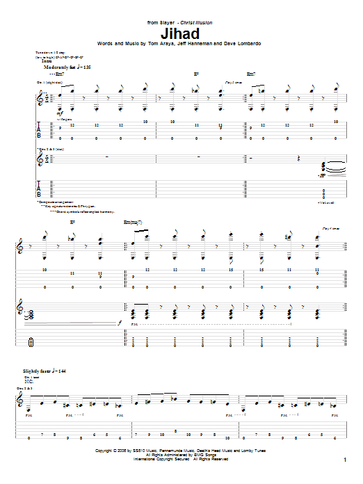 Slayer Jihad sheet music notes and chords arranged for Guitar Tab
