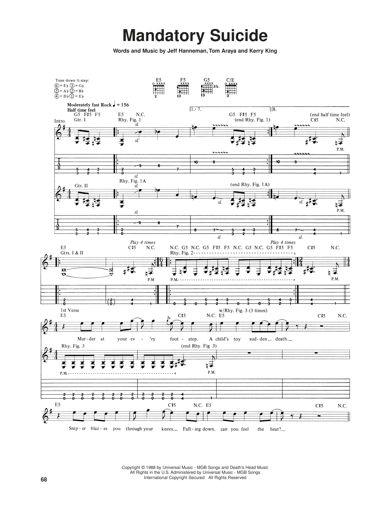 Slayer Mandatory Suicide sheet music notes and chords arranged for Guitar Tab