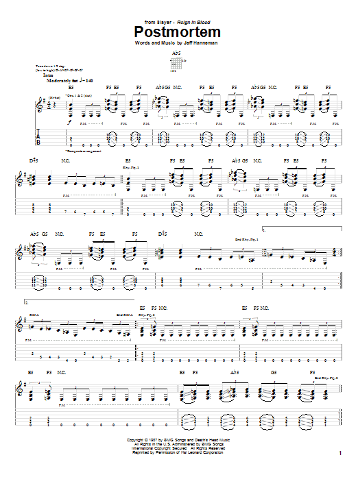 Slayer Postmortem sheet music notes and chords arranged for Guitar Tab (Single Guitar)