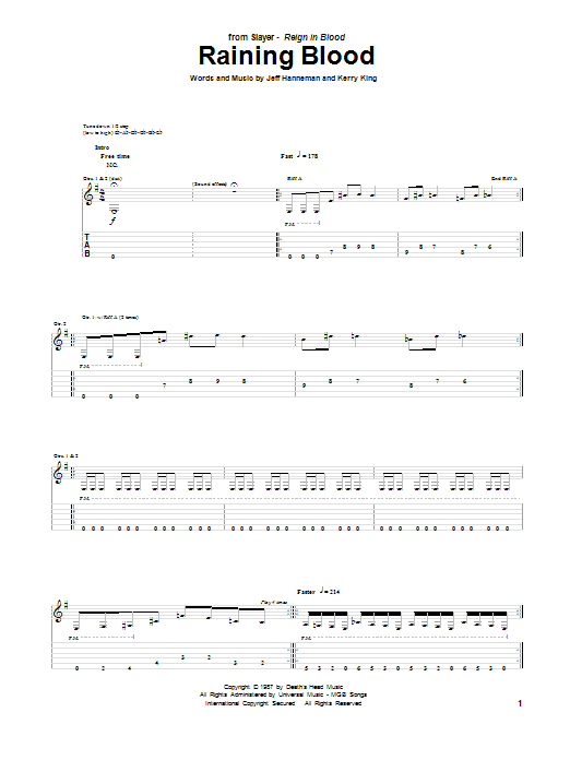 Slayer Raining Blood sheet music notes and chords arranged for Drums Transcription